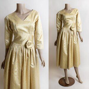 Vintage 1950s Gold Satin Squiggle Rose Cocktail Party Dress Holiday Golden 50s S